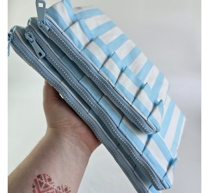 Sky-blue striped tablet sleeve with ruffles
