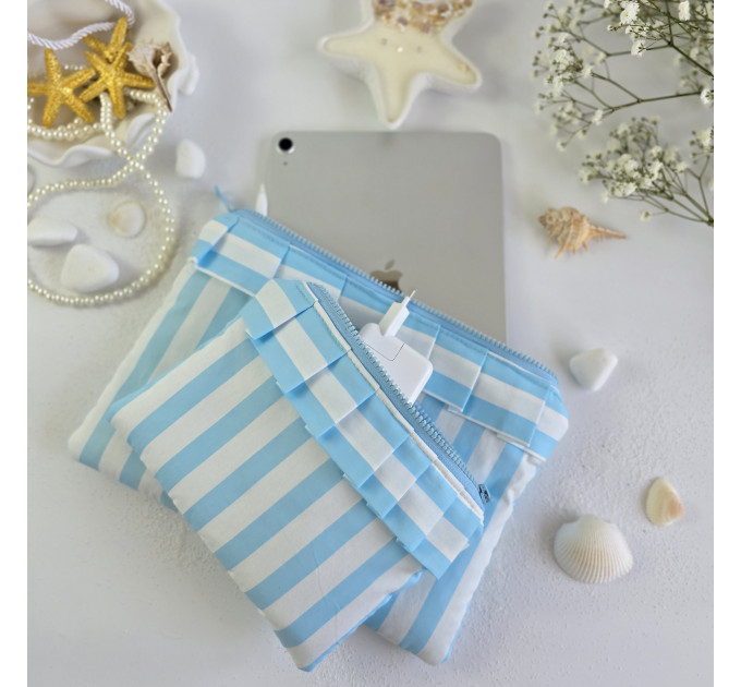Sky-blue striped tablet sleeve with ruffles