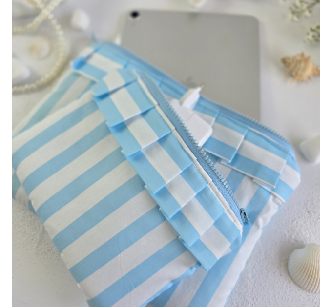 Sky-blue striped tablet sleeve with ruffles