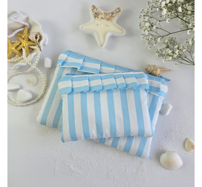 Sky-blue striped tablet sleeve with ruffles