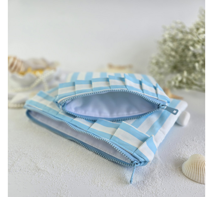 Sky-blue striped tablet sleeve with ruffles