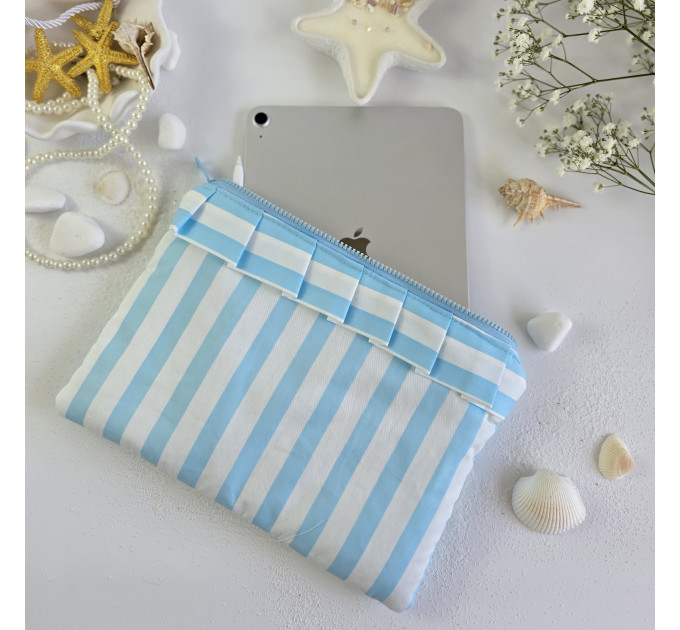 Sky-blue striped tablet sleeve with ruffles