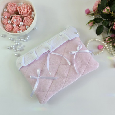 Soft pink E-reader sleeve with ruffles, bows and pearl-like beads