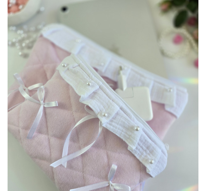 Soft pink tablet sleeve with ruffles, bows and pearl-like beads