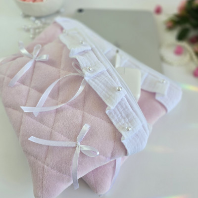 Soft pink tablet sleeve with ruffles, bows and pearl-like beads