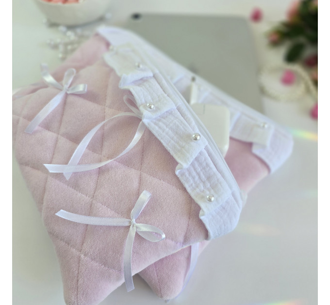 Soft pink tablet sleeve with ruffles, bows and pearl-like beads