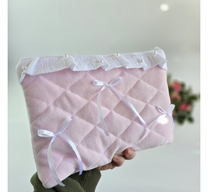 Soft pink tablet sleeve with ruffles, bows and pearl-like beads