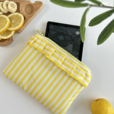 Yellow striped E-reader sleeve with ruffles