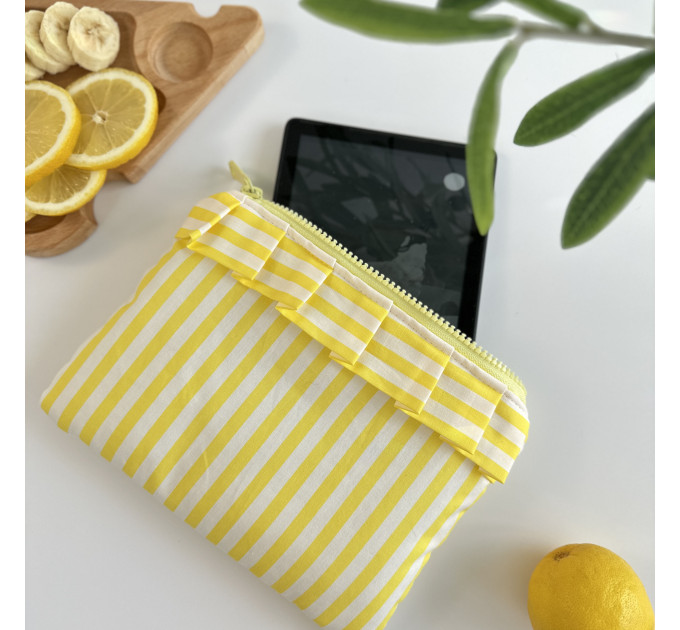 Yellow striped E-reader sleeve with ruffles