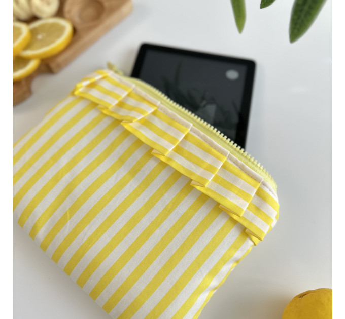 Yellow striped E-reader sleeve with ruffles