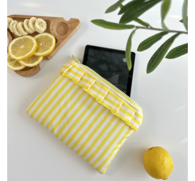 Yellow striped E-reader sleeve with ruffles