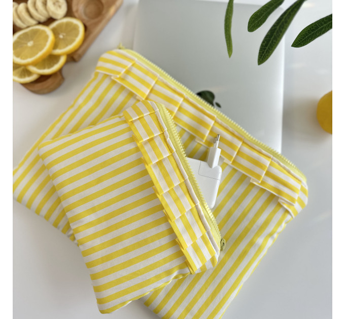 Yellow striped laptop sleeve with ruffles