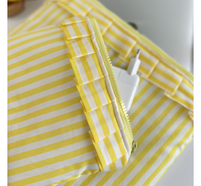Yellow striped laptop sleeve with ruffles