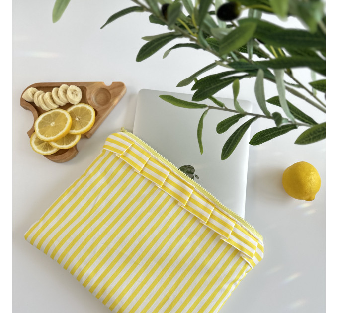 Yellow striped laptop sleeve with ruffles