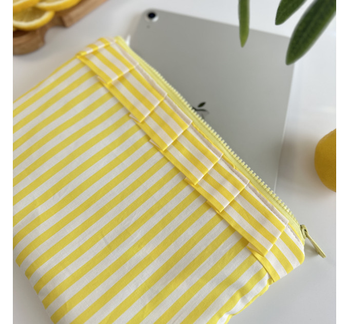 Yellow striped tablet sleeve with ruffles