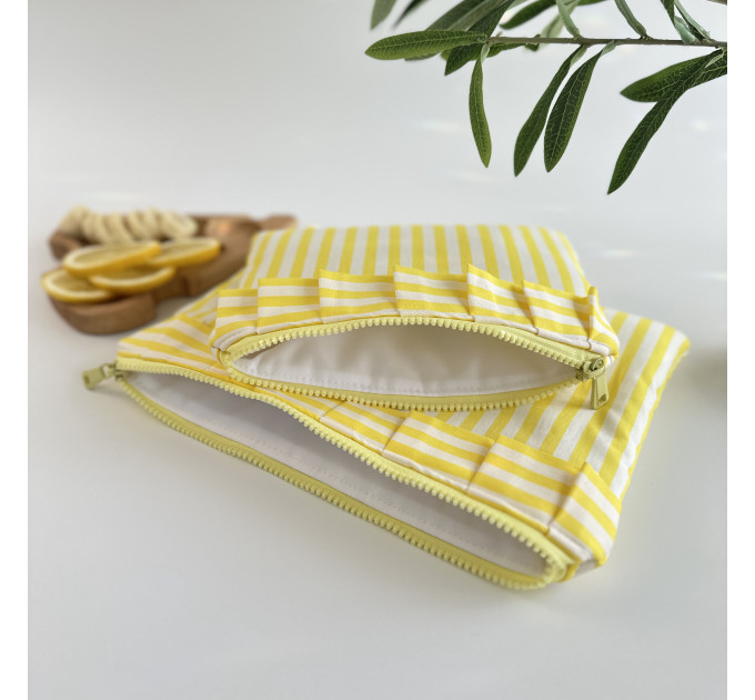 Yellow striped tablet sleeve with ruffles