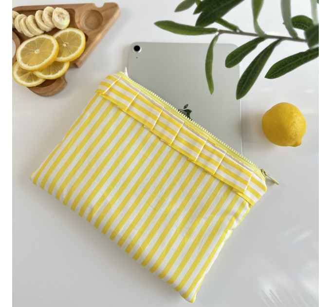 Yellow striped tablet sleeve with ruffles