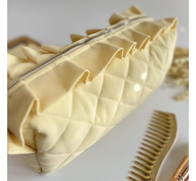 Large butter yellow cosmetic bag with ruffles