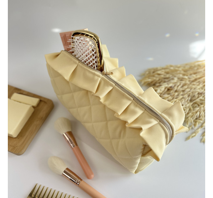 Large butter yellow cosmetic bag with ruffles