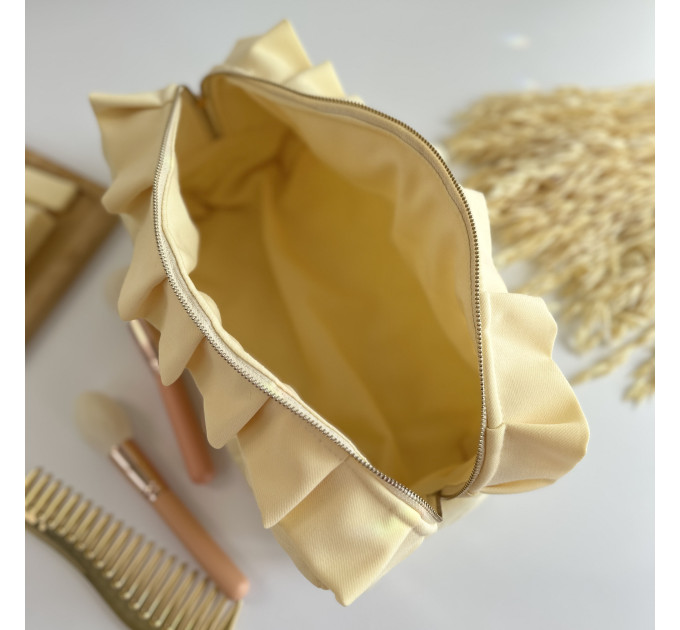 Large butter yellow cosmetic bag with ruffles