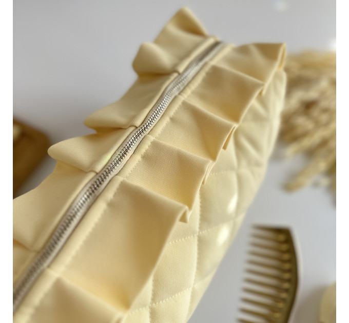 Large butter yellow cosmetic bag with ruffles
