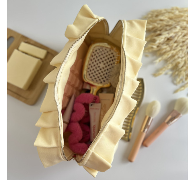 Large butter yellow cosmetic bag with ruffles