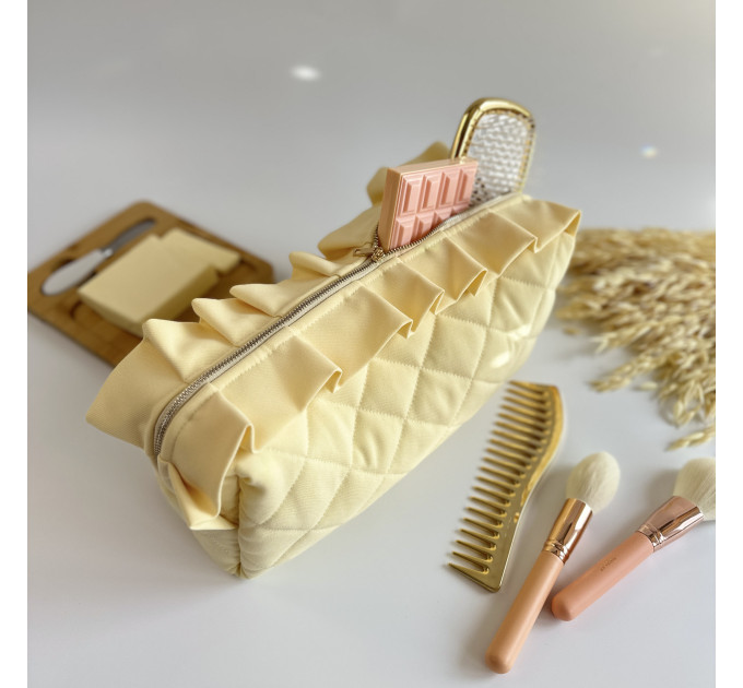 Large butter yellow cosmetic bag with ruffles
