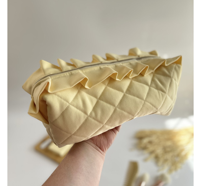Large butter yellow cosmetic bag with ruffles