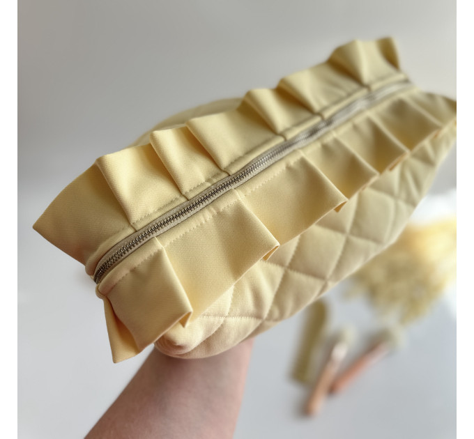 Large butter yellow cosmetic bag with ruffles