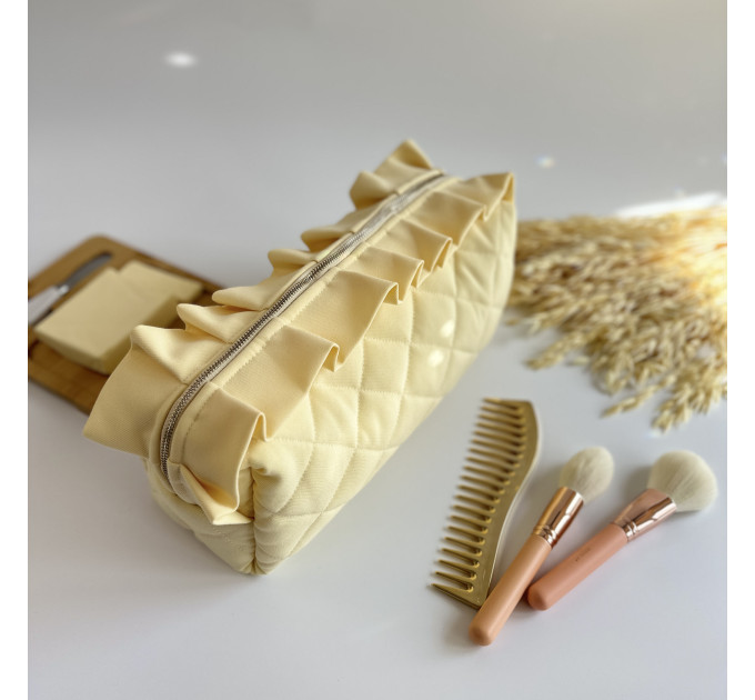 Large butter yellow cosmetic bag with ruffles