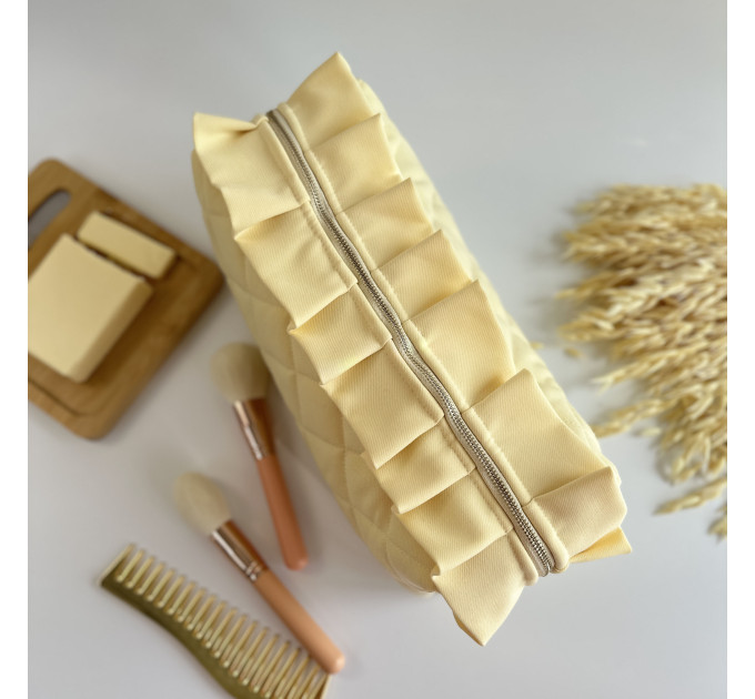 Large butter yellow cosmetic bag with ruffles