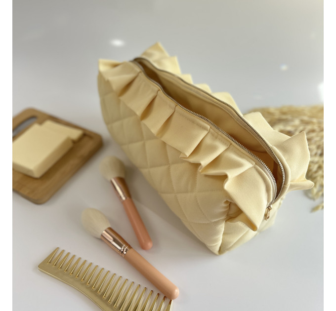 Large butter yellow cosmetic bag with ruffles
