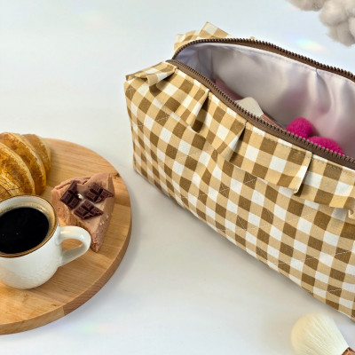 Large checkered brown cosmetic bag with ruffles