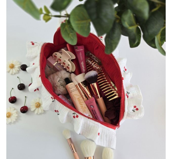 Large cherries cosmetic bag with ruffles