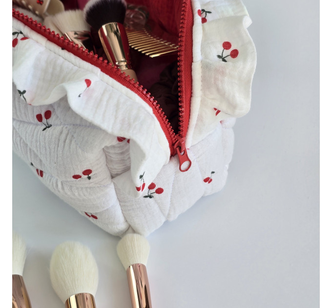 Large cherries cosmetic bag with ruffles