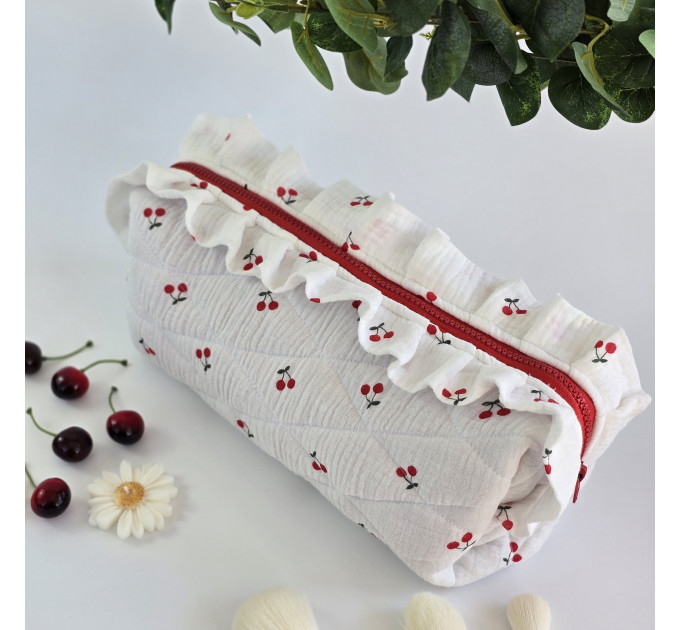 Large cherries cosmetic bag with ruffles