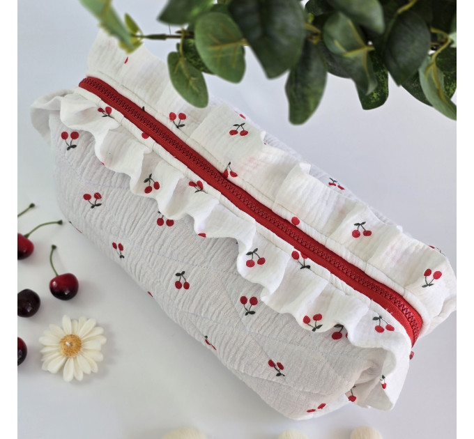 Large cherries cosmetic bag with ruffles