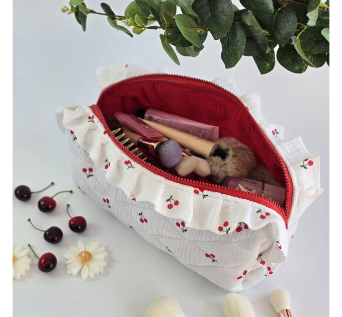Large cherries cosmetic bag with ruffles