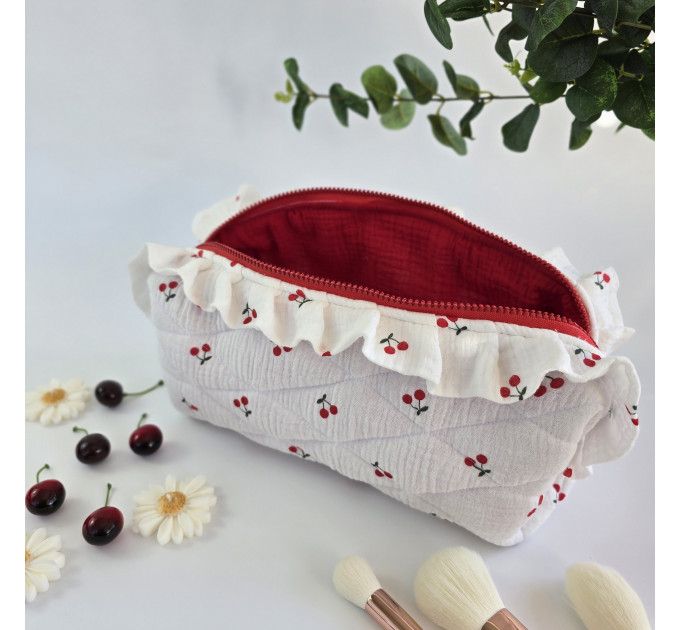 Large cherries cosmetic bag with ruffles