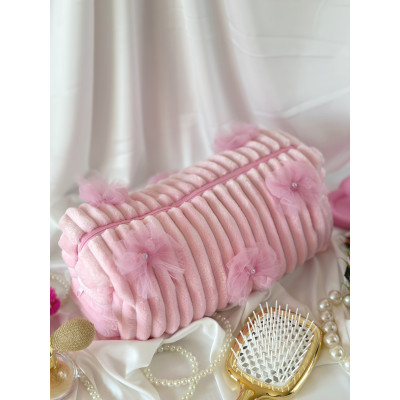 Large pink plush cosmetic bag with bows