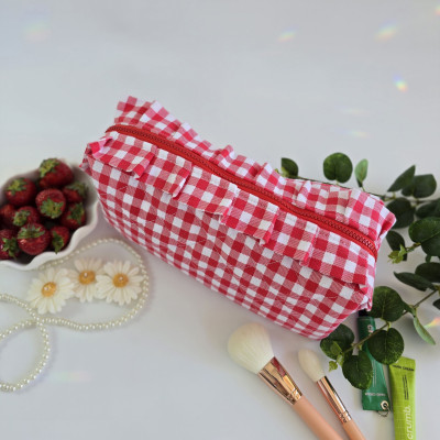Large red gingham cosmetic bag with ruffles