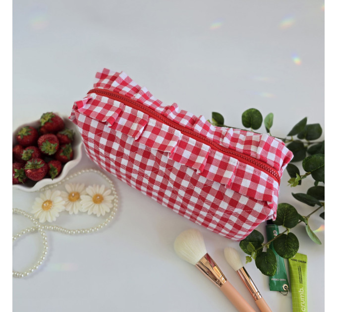 Large red gingham cosmetic bag with ruffles