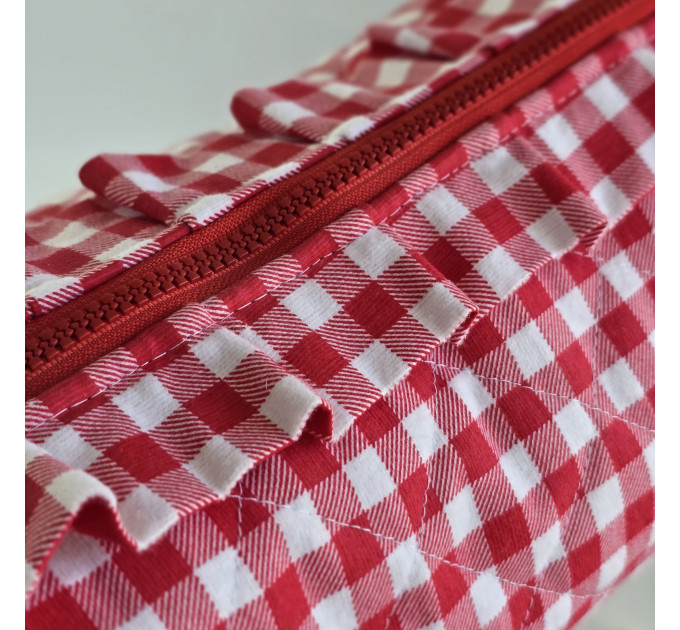 Large red gingham cosmetic bag with ruffles