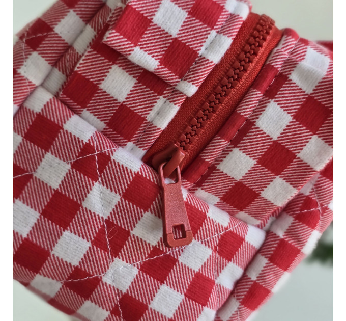 Large red gingham cosmetic bag with ruffles