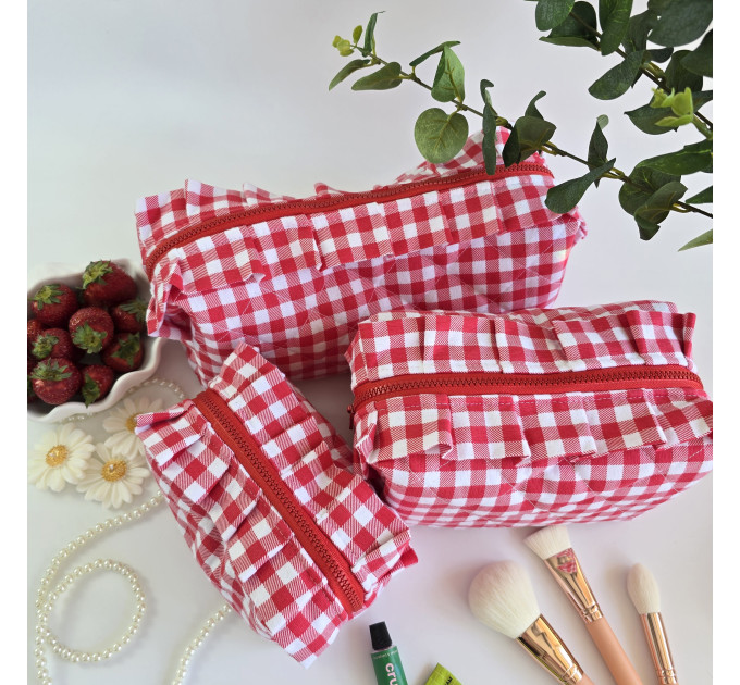 Large red gingham cosmetic bag with ruffles
