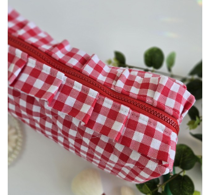Large red gingham cosmetic bag with ruffles