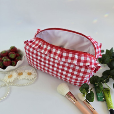 Large red gingham cosmetic bag with ruffles