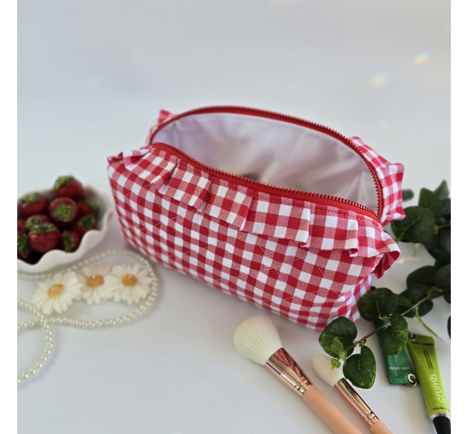 Large red gingham cosmetic bag with ruffles
