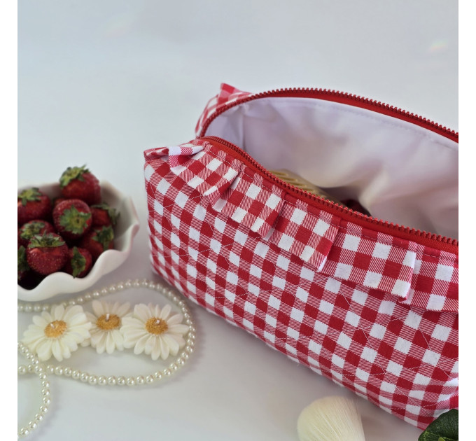 Large red gingham cosmetic bag with ruffles
