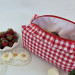 Large red gingham cosmetic bag with ruffles